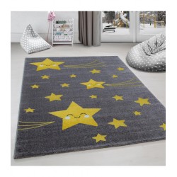 Çocuk odası halısı sevimli yıldız desenli Gri Sarı renkli
