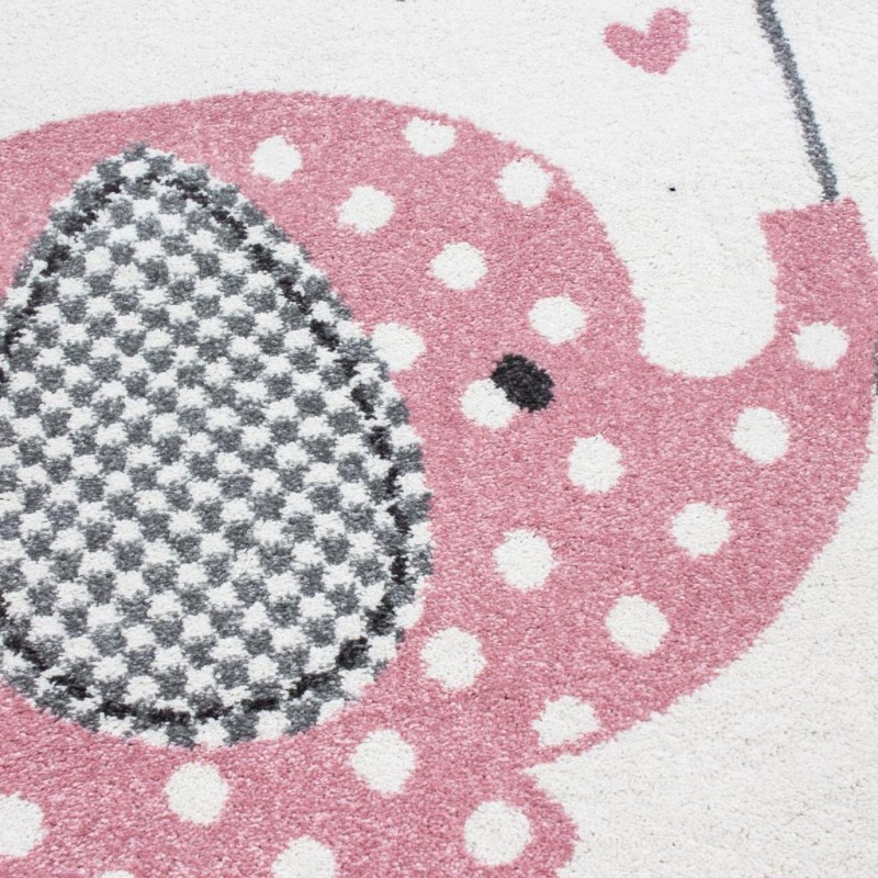Yuvarlak Çocuk halısı Fil şemsiye kalp yağmuru desenli Gri Pembe Beyaz