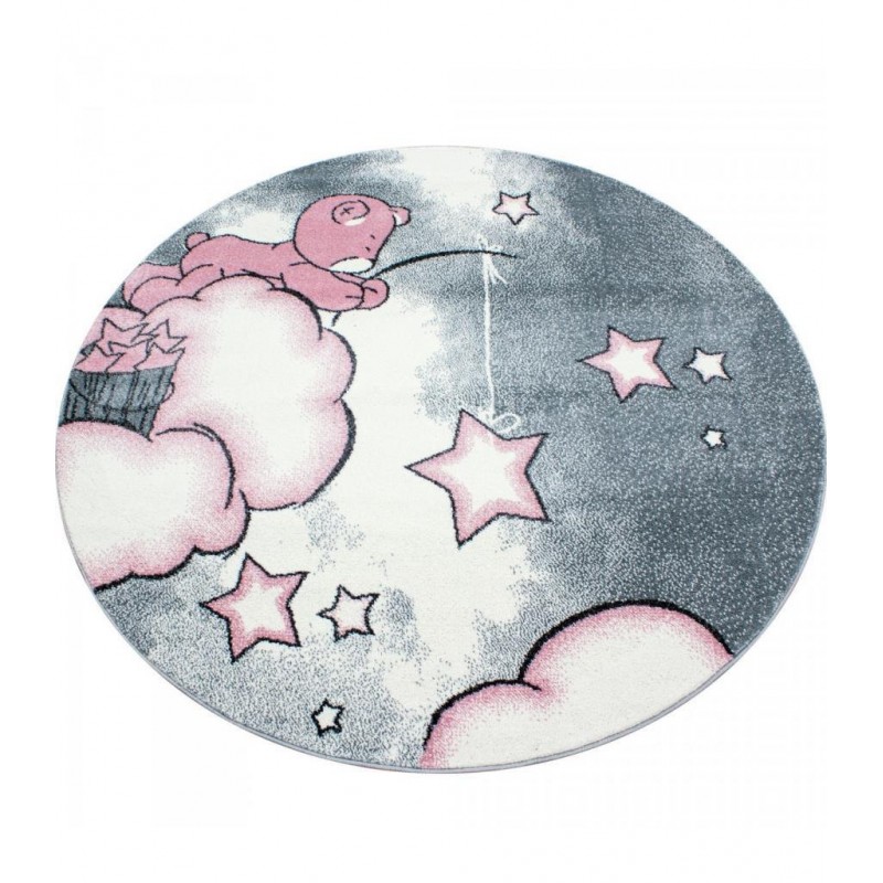Yuvarlak Çocuk halısı Ayı bulut yıldız desenli Gri Pembe Beyaz