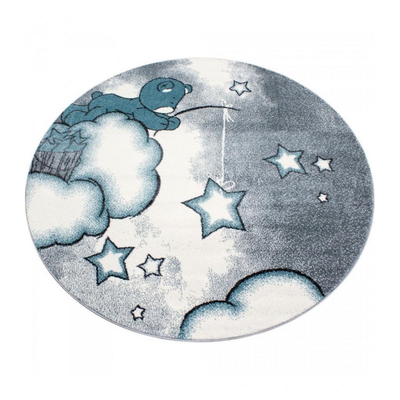 Yuvarlak Çocuk halısı Ayı Bulut Yıldız desenli Mavi Gri Beyaz