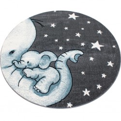 Yuvarlak Çocuk halısı Fil ve Yıldız desenli Gri-Mavi-Beyaz