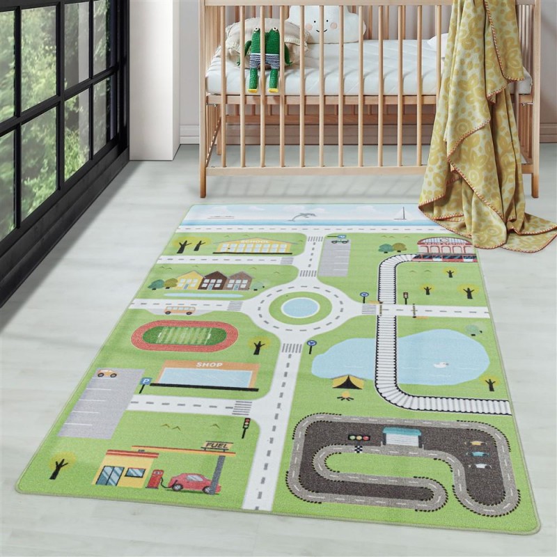 Çocuk Bebek odası oyun Halısı Şehir ve Trafik temalı Yeşil tonlarda