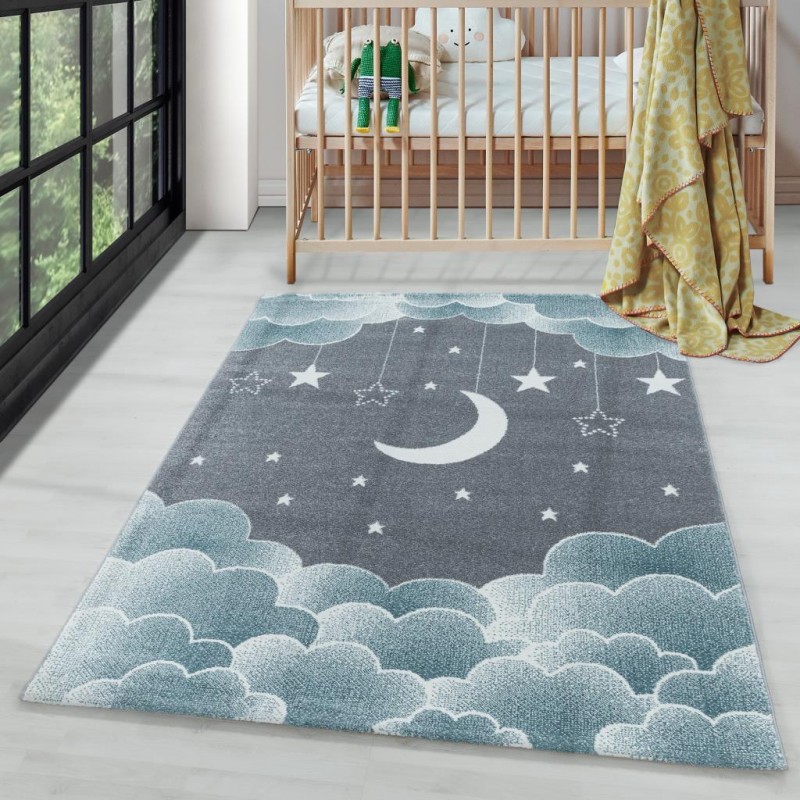 Çocuk Bebek odası Halısı Bulut Ay Yıldız desenli Mavi Gri tonlarda