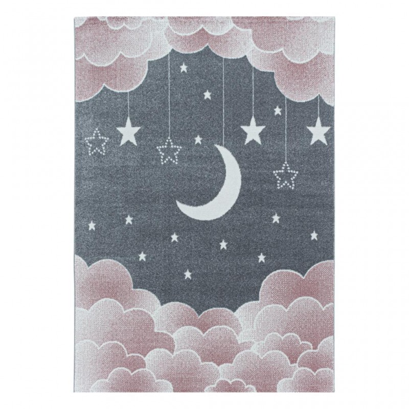 Çocuk Bebek odası Halısı Bulut Ay Yıldız desenli Pembe Gri tonlarda