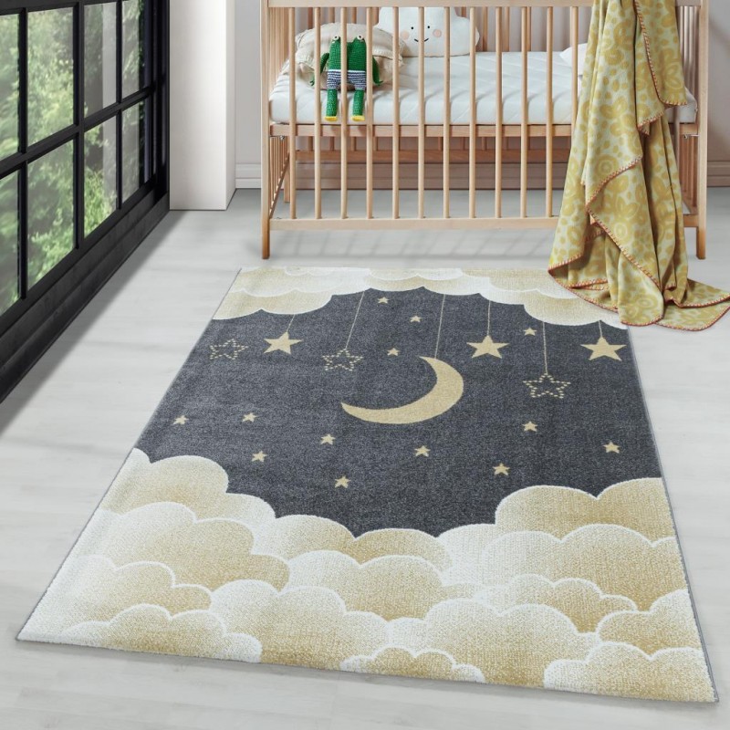 Çocuk Bebek odası Halısı Bulut Ay Yıldız desenli Sarı Gri tonlarda