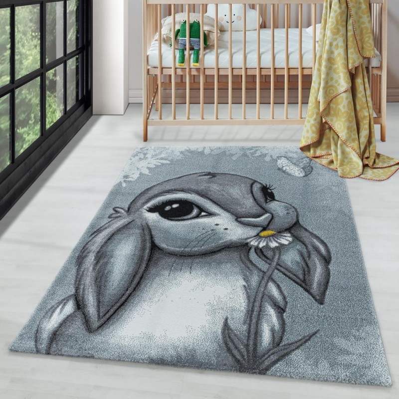 Çocuk Bebek odası Halısı Tavşan Bunny temalı Mavi Gri tonlarda