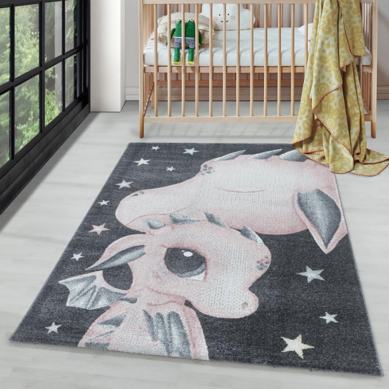 Çocuk Bebek odası Halısı yumuşak bebek Ejderha Dinazor desenli Pembe Gri