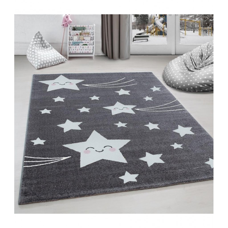 Çocuk odası halısı sevimli yıldız desenli Gri Beyaz renkli