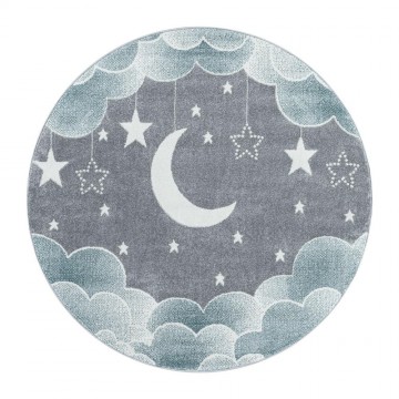 Yuvarlak Çocuk Bebek odası Halısı Bulut Ay Yıldız desenli Mavi Gri tonlarda
