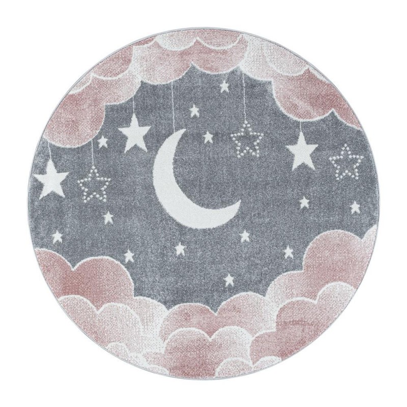 Yuvarlak Çocuk Bebek odası Halısı Bulut Ay Yıldız desenli Pembe Gri tonlarda