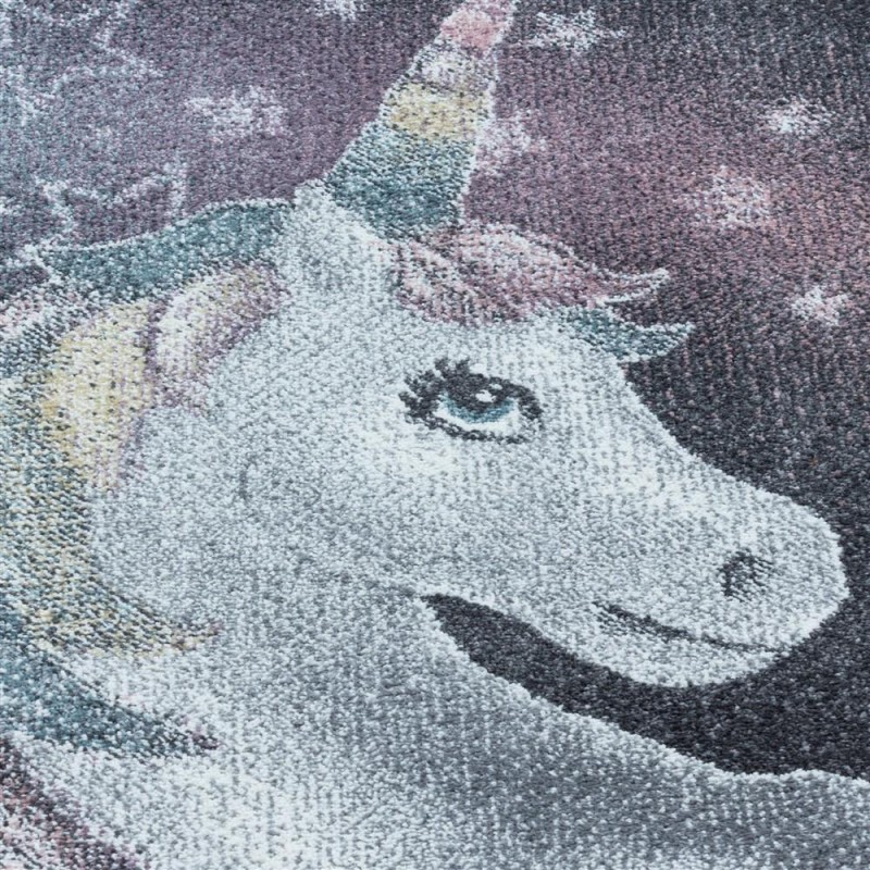 Yuvarlak Çocuk Bebek odası Halısı Unicorn Yıldız motifli Gri Pembe tonlarda