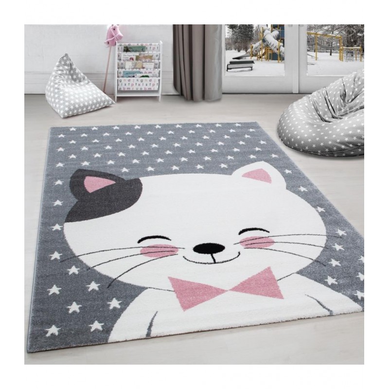 Çocuk halısı sevimli Kedi ve Yıldız desenli Gri-Pembe-Beyaz