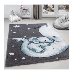 Çocuk halısı Fil ve Yıldız desenli Gri-Mavi-Beyaz