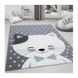 Çocuk halısı Sevimli Kedi ve Yıldız desenli Gri-Mavi-Beyaz