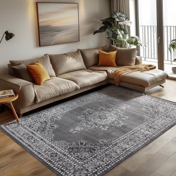 Klasik desenli Salon Halısı Dokuma Halı Iran tarzı Madalyon süsleme Siyah Gri